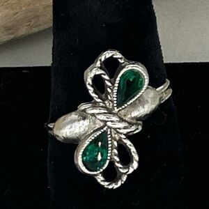 Sarah Cov Irish Treasure Green Rhinestone Silver Ring Adjustable Vintage Ring